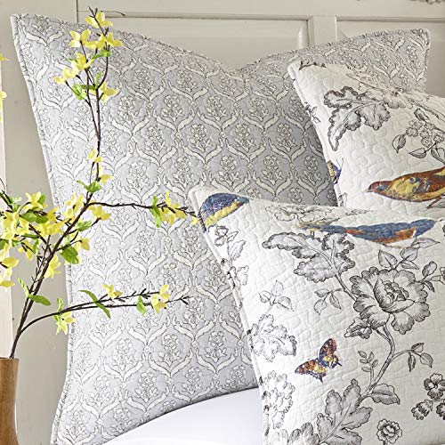 Levtex Home - Mockingbird - Euro Shams Set of Two - (26x26in.), No Insert - Stamped Floral Print - Dark Grey, Light Grey, Cream - 100% Cotton - Image 2