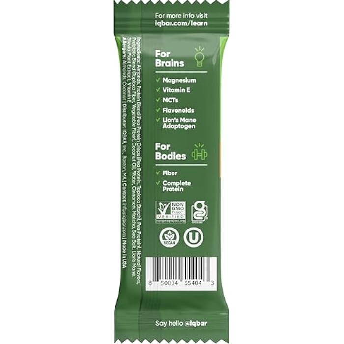 IQBAR Brain and Body Keto Protein Bar - Matcha Chai Keto Bar - Low Carb Protein Bar - High Fiber Vegan and Low Sugar Meal Replacement - Vegan Snack - Image 3