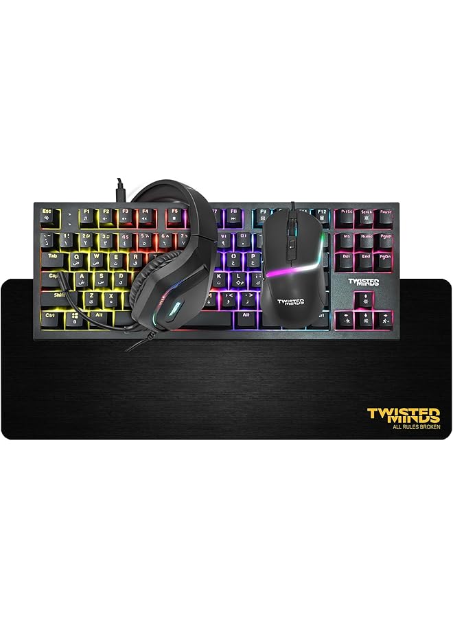 TWISTED MINDS 4 In 1 Gaming Bundle – Tm Horizon X 87 Key Wired Mechanical Keyboard 6 Level Dpi Rgb Mouse Rainbow Led Headset & Large Mouse Pad - Image 1