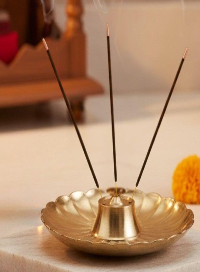 SACCH Pure Brass Flower Agardan Agarbatti Stand | 8.6cm Compact Base | 5-Hole Incense Holder for Pooja & Gifting | Small Brass Pooja Accessories (Heavy Flower ~85g, Pack of 1) - Image 1
