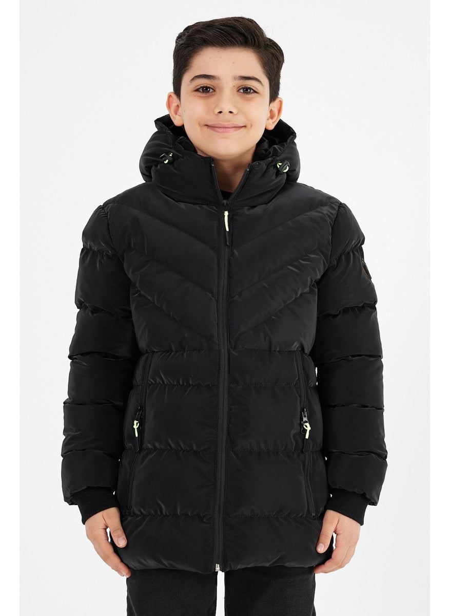 Sivaist Black Boy Fixed Hooded Puffer Leather Blend Fabric Coat & Jacket  - Image 1