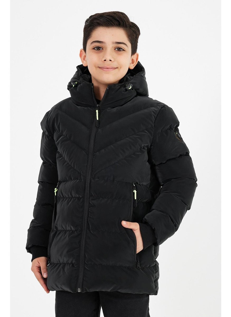 Sivaist Black Boy Fixed Hooded Puffer Leather Blend Fabric Coat & Jacket  - Image 4