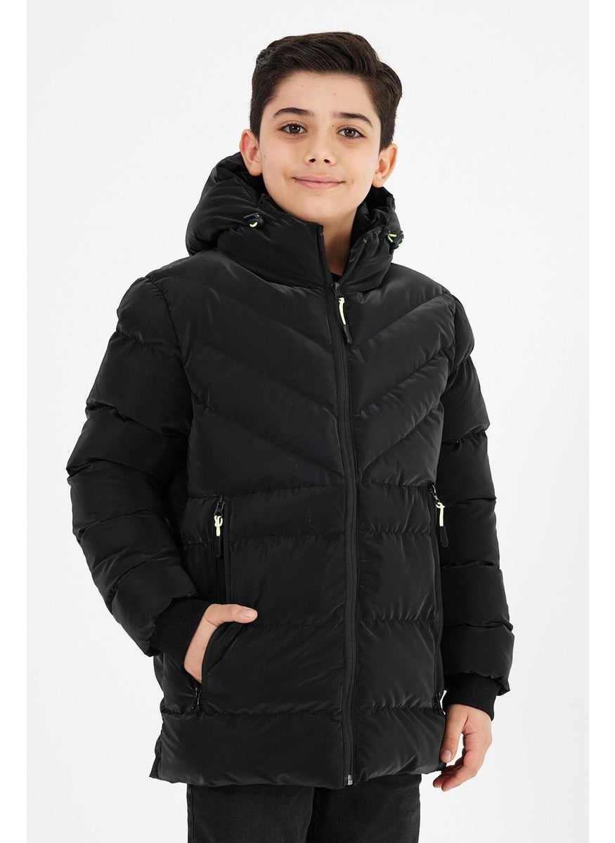 Sivaist Black Boy Fixed Hooded Puffer Leather Blend Fabric Coat & Jacket  - Image 3