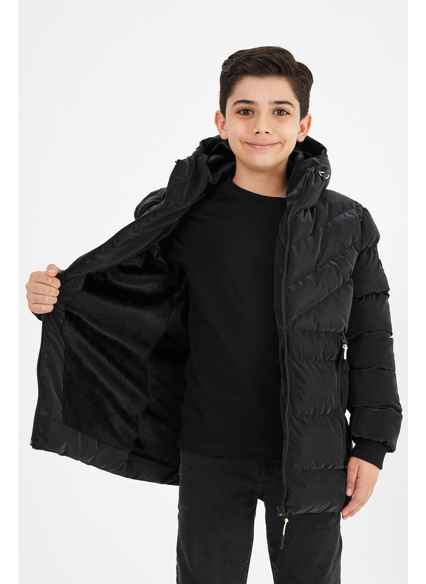 Sivaist Black Boy Fixed Hooded Puffer Leather Blend Fabric Coat & Jacket  - Image 2