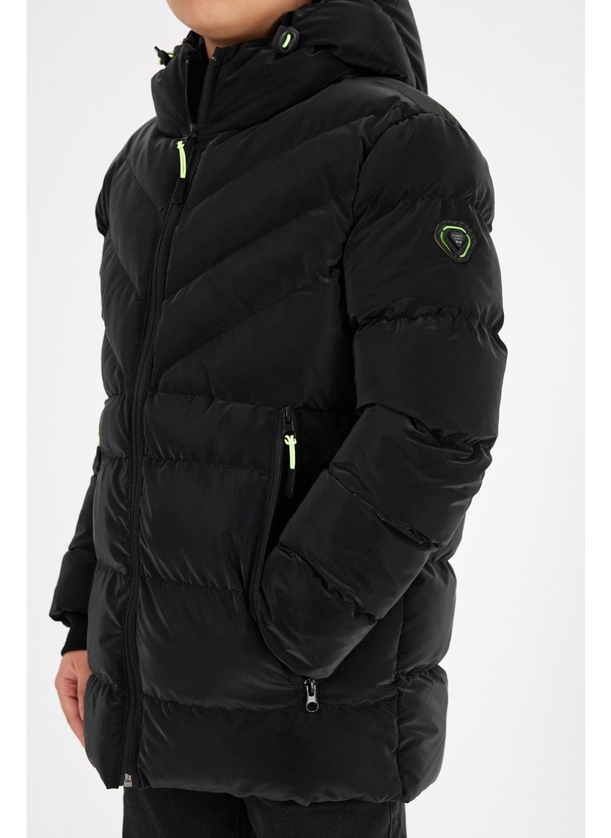 Sivaist Black Boy Fixed Hooded Puffer Leather Blend Fabric Coat & Jacket  - Image 5