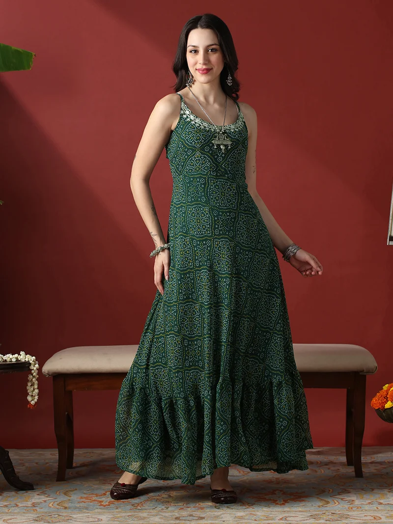 Globus Women Green Embroidered Round Neck Stylised Tie Back Detail Bandhani Georgette Fit & Flare Festive Maxi Dress
