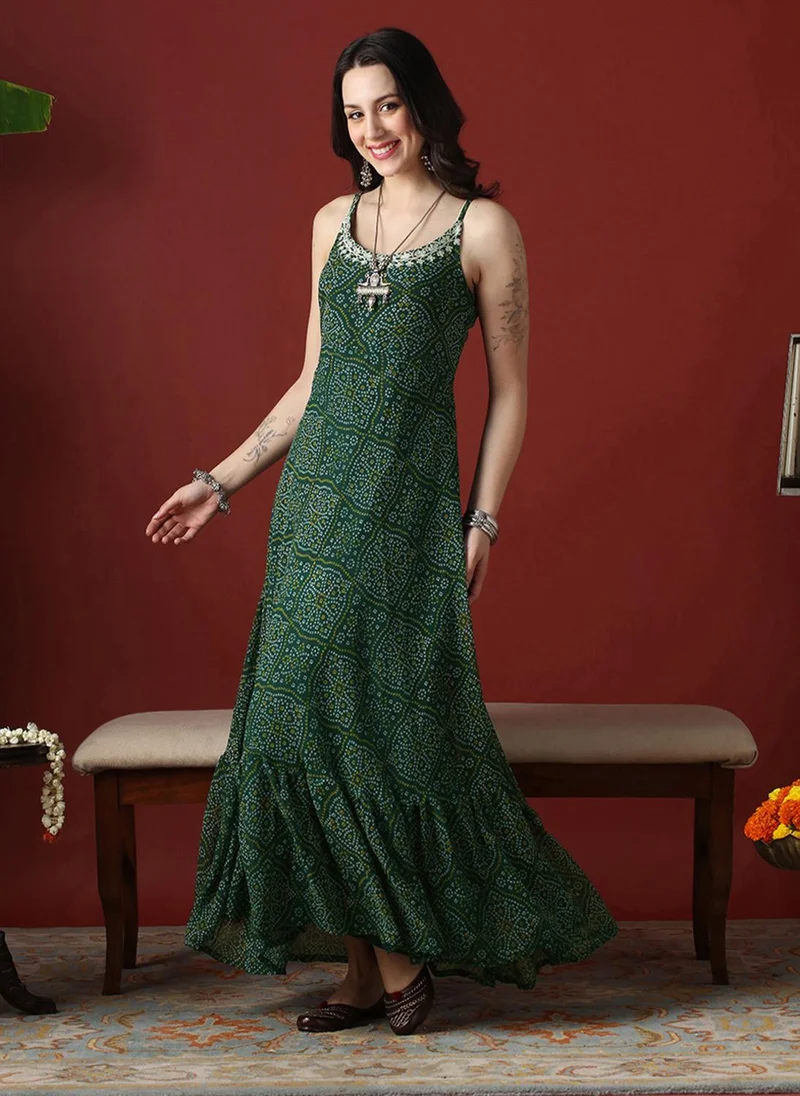 globus Globus Women Green Embroidered Round Neck Stylised Tie Back Detail Bandhani Georgette Fit & Flare Festive Maxi Dress