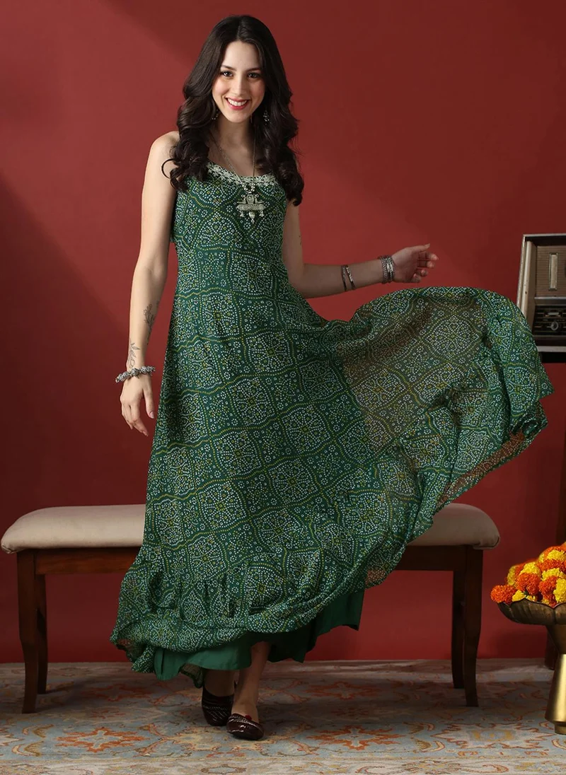 globus Globus Women Green Embroidered Round Neck Stylised Tie Back Detail Bandhani Georgette Fit & Flare Festive Maxi Dress