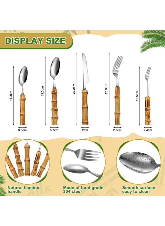 Eboot Bamboo Silverware Set 18/8 Stainless Steel Tableware Set Natural Utensil Flatware Kit Spoon Fork Knives Bamboo Handle Cutlery for Kitchen Wedding Home Restaurant Party(Silver,30 Pieces) - Image 2