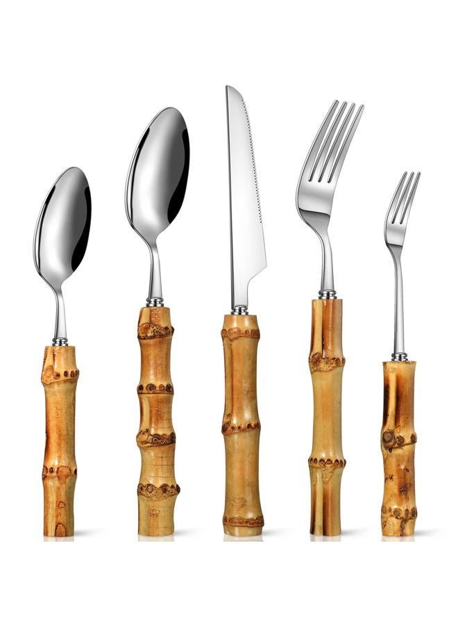 Eboot Bamboo Silverware Set 18/8 Stainless Steel Tableware Set Natural Utensil Flatware Kit Spoon Fork Knives Bamboo Handle Cutlery for Kitchen Wedding Home Restaurant Party(Silver,30 Pieces) - Image 1