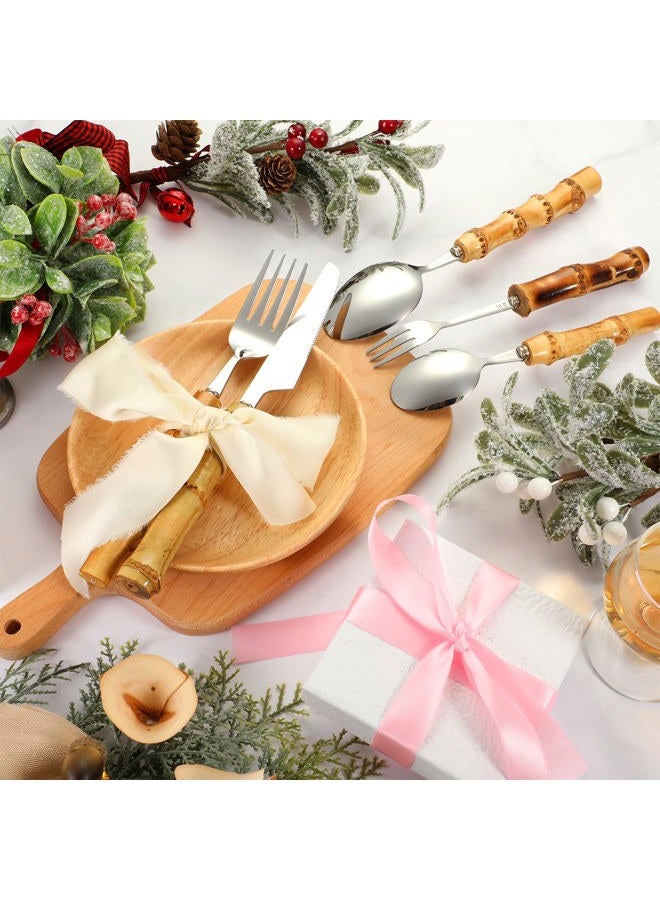 Eboot Bamboo Silverware Set 18/8 Stainless Steel Tableware Set Natural Utensil Flatware Kit Spoon Fork Knives Bamboo Handle Cutlery for Kitchen Wedding Home Restaurant Party(Silver,30 Pieces) - Image 3