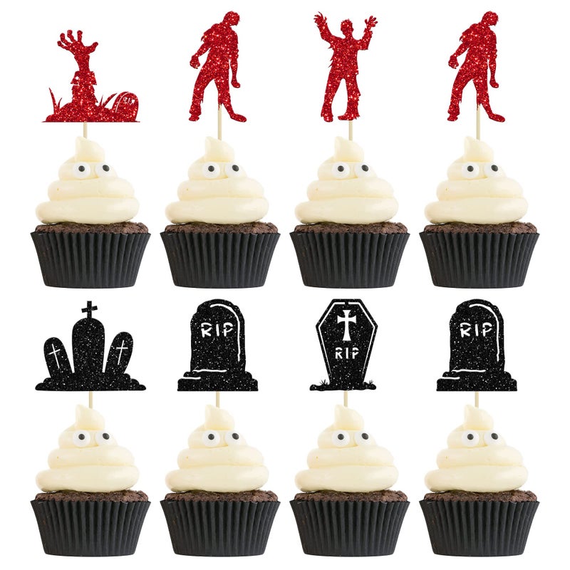 Ephlyn 24Pcs Halloween Zombie Cupcake Toppers Glitter Horror Theme Tombstone Graveyard Cupcake Picks for Halloween Theme Kids Babyshower Party Decorations Supplies - Image 1
