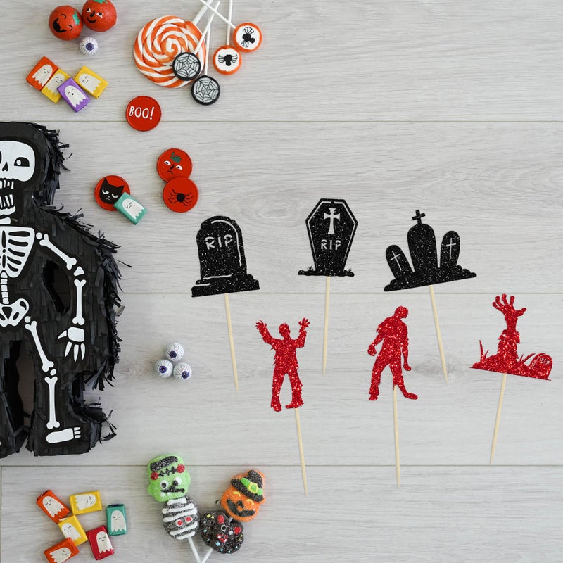 Ephlyn 24Pcs Halloween Zombie Cupcake Toppers Glitter Horror Theme Tombstone Graveyard Cupcake Picks for Halloween Theme Kids Babyshower Party Decorations Supplies - Image 3