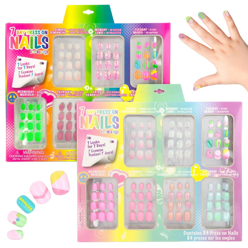 Expressions 7 Day Manicure Collection  84PC Press On Nail Set DayofTheWeek Adhesive False Nails for Girls Set of Brights or Pastels  Colorful Novelty Designs Stick On Nails for Kids