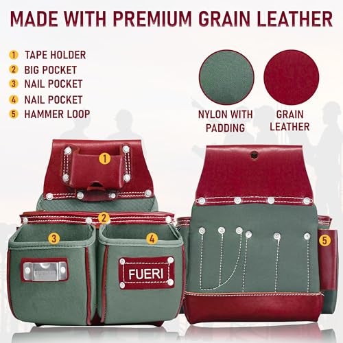 FUERI Tool Belt Heavy Duty Nylon Leather Carpenters Tool Pouches Bags Organizer for Men Construction Electricians Framers Ironworkers Women - Image 4
