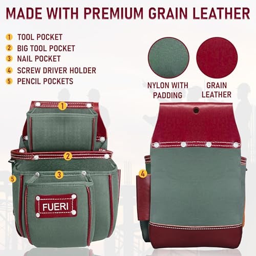 FUERI Tool Belt Heavy Duty Nylon Leather Carpenters Tool Pouches Bags Organizer for Men Construction Electricians Framers Ironworkers Women - Image 3