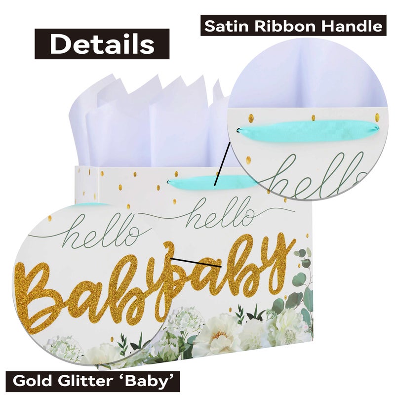 Qirrmiy 16.5" Extra Large White Gift Bag Set with Greeting Card and Tissue Papers (Gold Glitter â€˜Babyâ€™) for Baby Shower, Baby Girl or Boy, Girls' Birthday Party, Women's Birthday Parties - 16.5â€x5.5â€x12.6â€, 1 Pcs. - Image 4