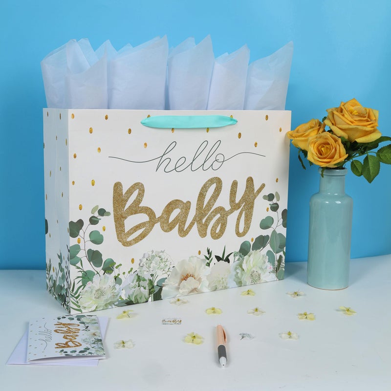 Qirrmiy 16.5" Extra Large White Gift Bag Set with Greeting Card and Tissue Papers (Gold Glitter â€˜Babyâ€™) for Baby Shower, Baby Girl or Boy, Girls' Birthday Party, Women's Birthday Parties - 16.5â€x5.5â€x12.6â€, 1 Pcs. - Image 5