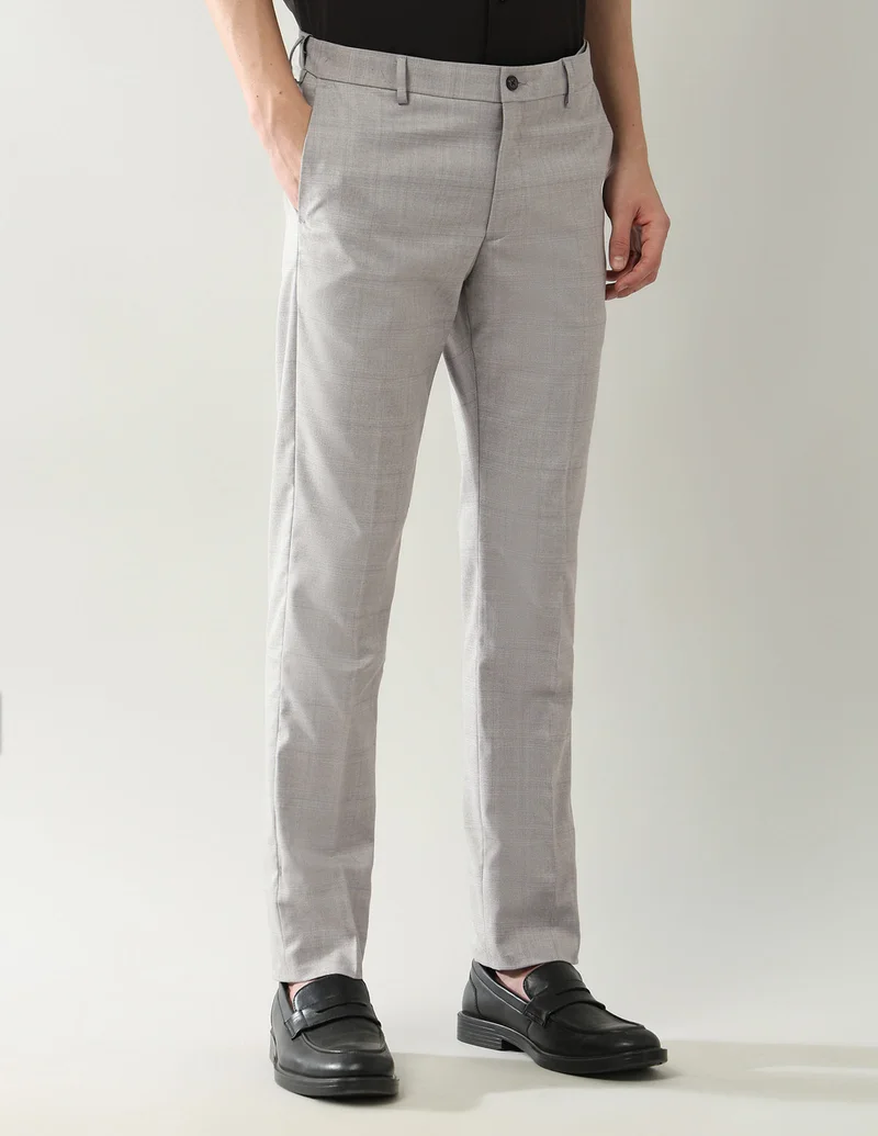 Arrow Light Grey Checked Dobby Autoflex Trousers for Men | Best Price UAE