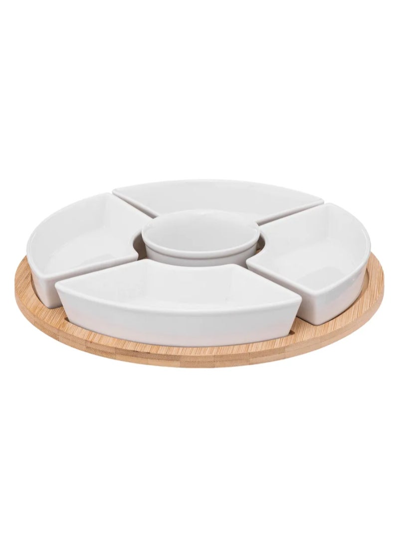 SG - Sg Round Bamboo And Porcelain Appetizer Serving Set 6Pcs - Image 1