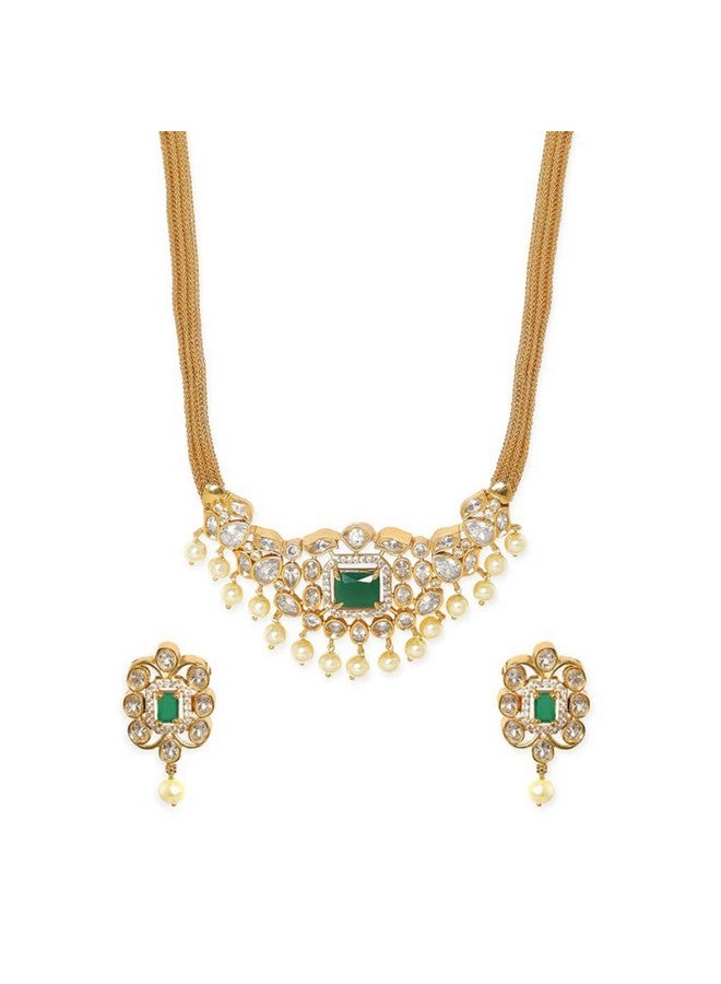 Rubans 24K Gold Plated Green and White Stone Studded Necklace Set with Pearl Drops for Women and Girls, Perfect for Festive and Wedding Occasions - Image 2
