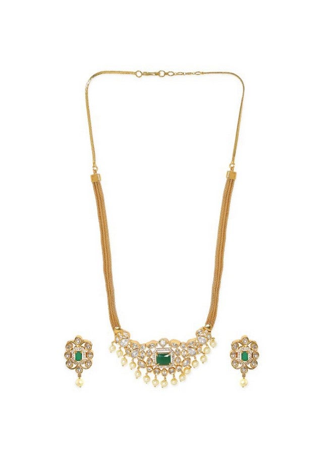 Rubans 24K Gold Plated Green and White Stone Studded Necklace Set with Pearl Drops for Women and Girls, Perfect for Festive and Wedding Occasions - Image 1