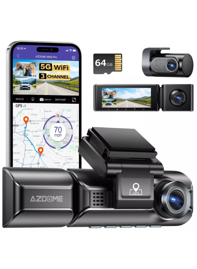 أزدوم "كاميرا AZDOME M550 Max للسيارات ثلاثية القنوات بدقة 4K مع شاشة 3.19 بوصة، رؤية ليلية WDR، تسجيل أمامي وخلفي وداخلي، ودعم وضع الوقوف 24 ساعة لحماية سيارتك ومراقبة مستمرة أثناء القيادة والسفر" - Image 1