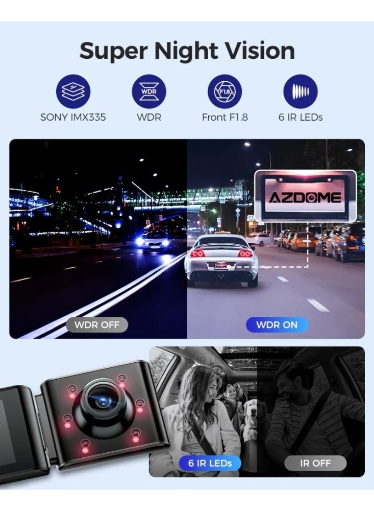 أزدوم "كاميرا AZDOME M550 Max للسيارات ثلاثية القنوات بدقة 4K مع شاشة 3.19 بوصة، رؤية ليلية WDR، تسجيل أمامي وخلفي وداخلي، ودعم وضع الوقوف 24 ساعة لحماية سيارتك ومراقبة مستمرة أثناء القيادة والسفر" - Image 4