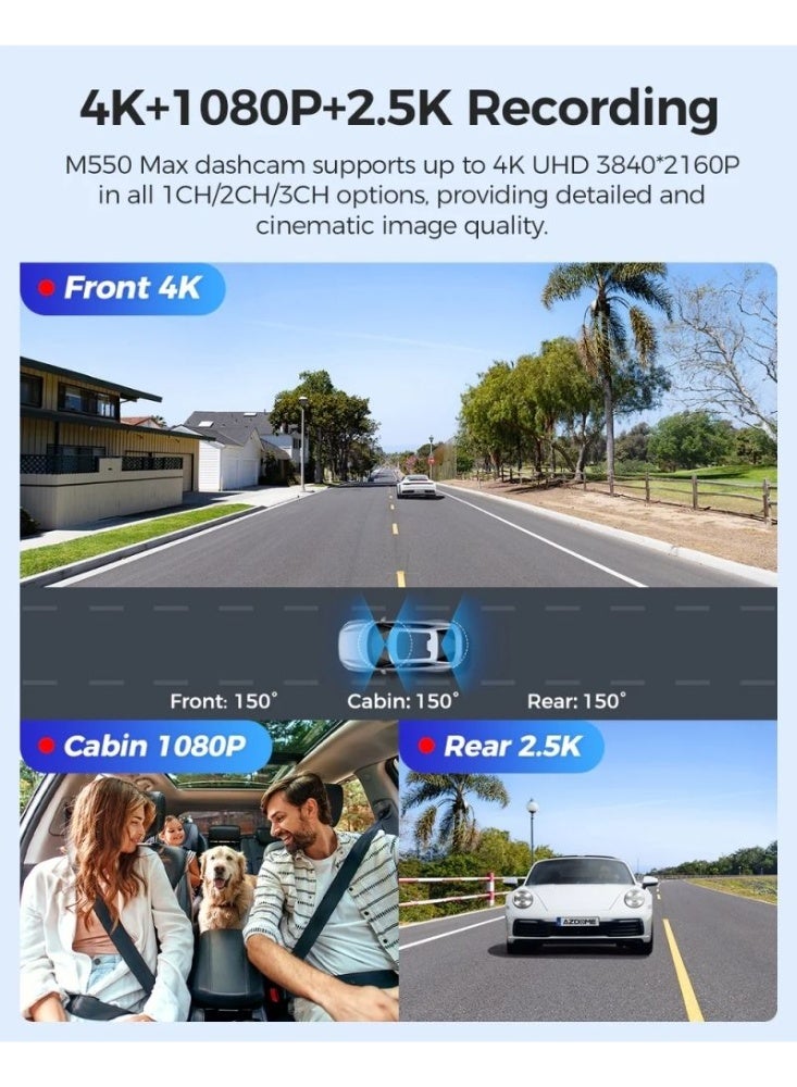 أزدوم "كاميرا AZDOME M550 Max للسيارات ثلاثية القنوات بدقة 4K مع شاشة 3.19 بوصة، رؤية ليلية WDR، تسجيل أمامي وخلفي وداخلي، ودعم وضع الوقوف 24 ساعة لحماية سيارتك ومراقبة مستمرة أثناء القيادة والسفر" - Image 5