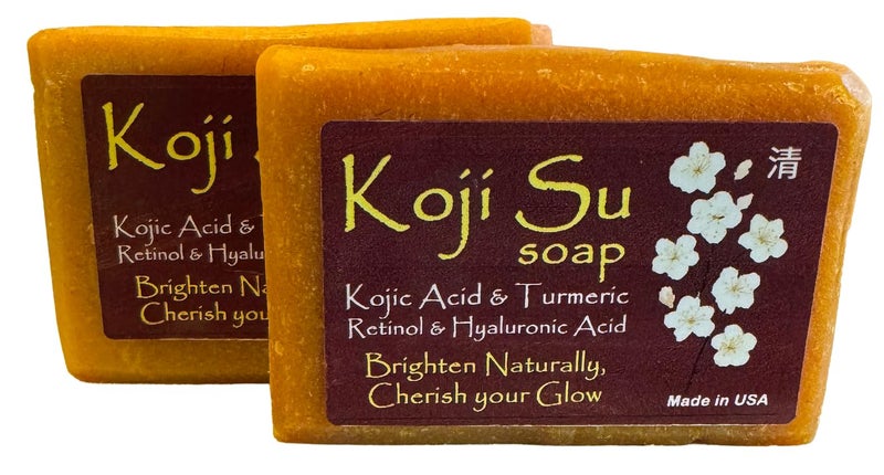 Handmade Koji Su Brightening Soap Kojic Acid Turmeric Retinol Hyaluronic Acid Fade Dark Spots Even Skin Tone Made in USA Gentle Face Body Cleanser - Image 1