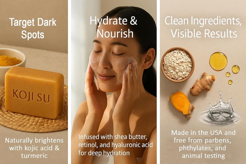 Handmade Koji Su Brightening Soap Kojic Acid Turmeric Retinol Hyaluronic Acid Fade Dark Spots Even Skin Tone Made in USA Gentle Face Body Cleanser - Image 5