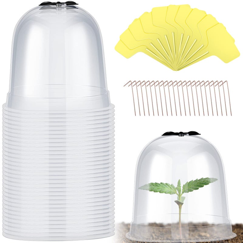 Remerry 20 Pack Garden Cloche Clear Bell Covers Freeze Protection Humidity Domes Plastic Dome 7.3 x 6.7 Inch with 60 Ground Securing Pegs and Plant Labels for Plants Seed Starting Greenhouse - Image 1