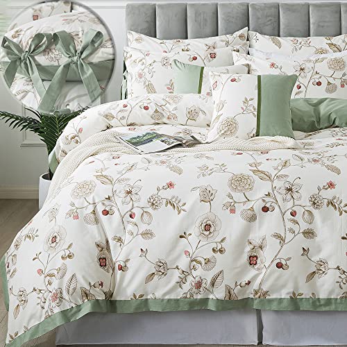 FADFAY Floral Bedding Set Queen 100 Cotton Shabby and Chic Beige Green Reversible Duvet Cover Vintage Pink Flower Print Bed Covers Luxury Girls Pretty Bowknot Soft Crisp Zipper Comforter Cover 3Pcs - Image 1