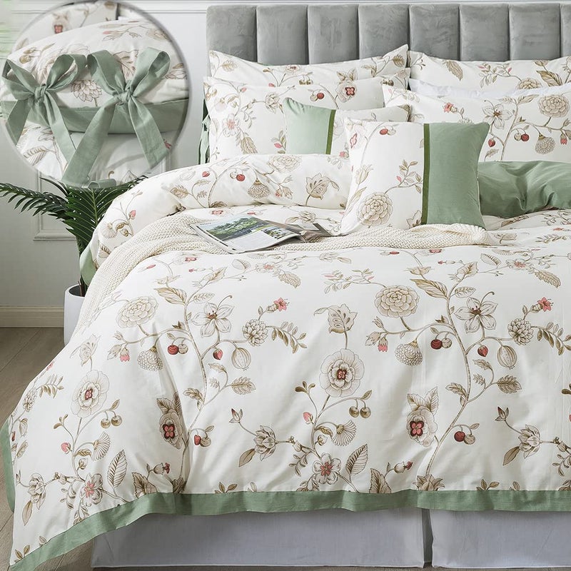 FADFAY Floral Bedding Set Queen 100 Cotton Shabby and Chic Beige Green Reversible Duvet Cover Vintage Pink Flower Print Bed Covers Luxury Girls Pretty Bowknot Soft Crisp Zipper Comforter Cover 3Pcs - Image 2