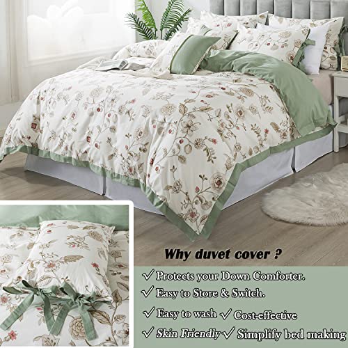 FADFAY Floral Bedding Set Queen 100 Cotton Shabby and Chic Beige Green Reversible Duvet Cover Vintage Pink Flower Print Bed Covers Luxury Girls Pretty Bowknot Soft Crisp Zipper Comforter Cover 3Pcs - Image 3