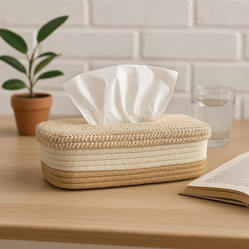 BOBBINY Cotton Tissue Box Holder | Rectangular Facial Tissue Box Holder | Tissue Dispenser for Home/Office/Car (28X16X8 Cm, Off White) (Design-7, Rectangle) - Image 1