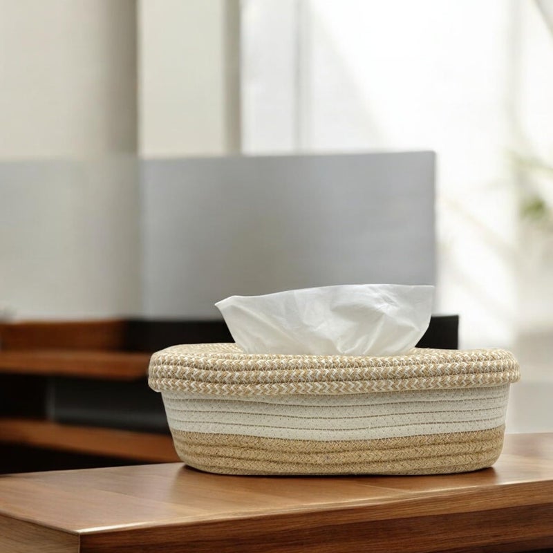 BOBBINY Cotton Tissue Box Holder | Rectangular Facial Tissue Box Holder | Tissue Dispenser for Home/Office/Car (28X16X8 Cm, Off White) (Design-7, Rectangle) - Image 3