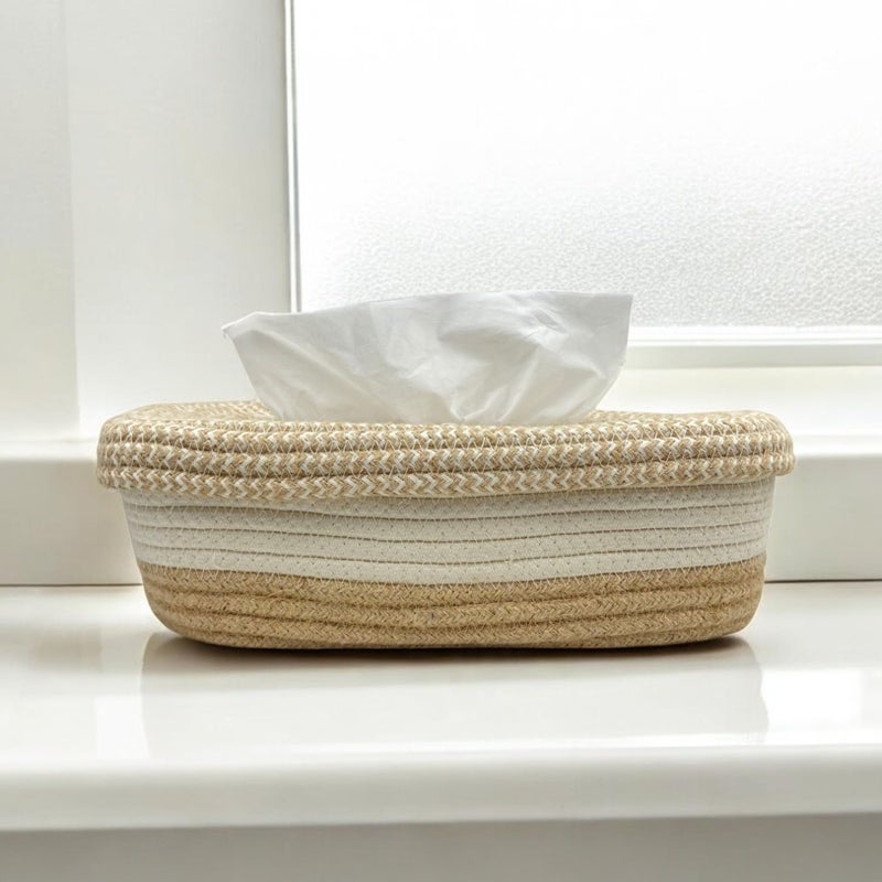BOBBINY Cotton Tissue Box Holder | Rectangular Facial Tissue Box Holder | Tissue Dispenser for Home/Office/Car (28X16X8 Cm, Off White) (Design-7, Rectangle) - Image 2