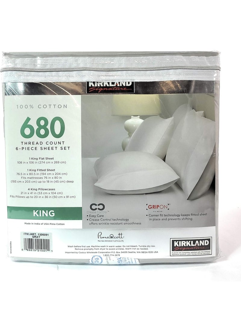 Kirkland Signature 680 Thread Count 6 Piece Sheet Set - 1 Flat Sheet, 1 Fitted Sheet, 4 Pillowcases (Light Grey)