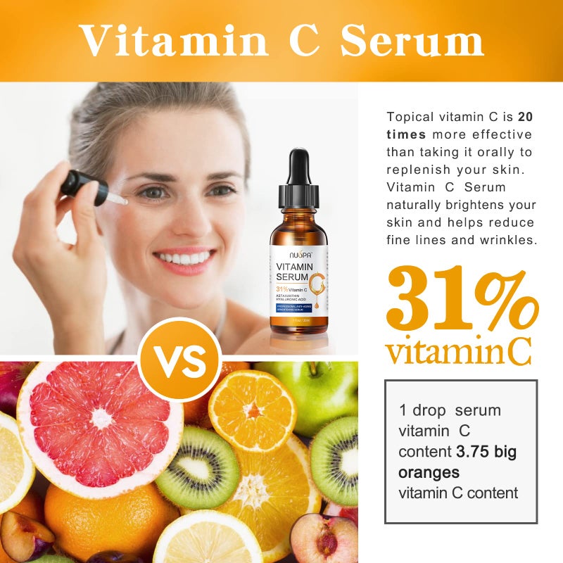 NUSPA Organic Vitamin C Serum for Face 31% Vitamin C Facial Serum Anti Aging Serum Reduces Age Spots, Face Dark Spots, Sun Damage, Skin Brightening Facial Serums with Hyaluronic Acid and Astaxanthin - Image 4