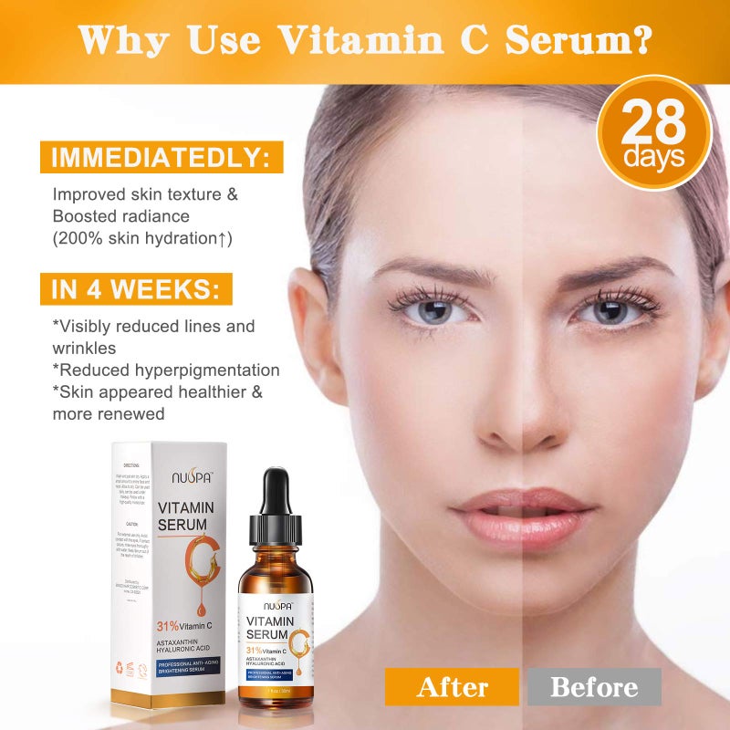 NUSPA Organic Vitamin C Serum for Face 31% Vitamin C Facial Serum Anti Aging Serum Reduces Age Spots, Face Dark Spots, Sun Damage, Skin Brightening Facial Serums with Hyaluronic Acid and Astaxanthin - Image 3
