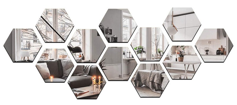 JRT 3D Hexagon Mirror Wall Stickers Wall Decor Mirror Sticker Wall Large Size Home Decorations Bedroom Bathroom Living Room Acrylic Decorative Mirror Pack of 12