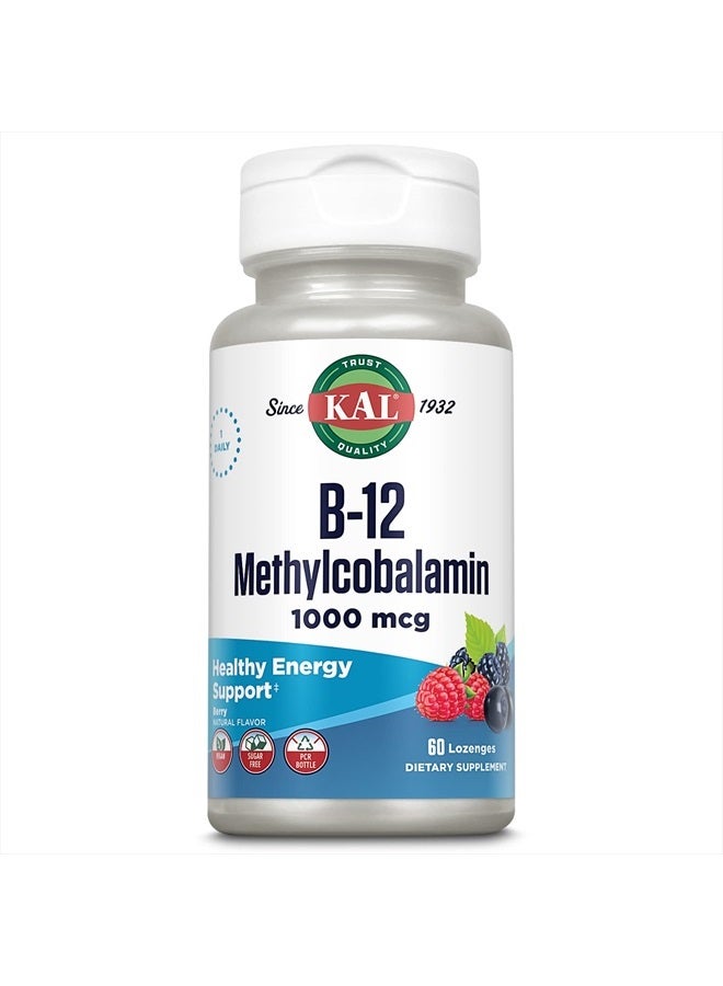 KAL Vitamin B-12 Methylcobalamin Lozenges 1000mcg, Healthy Energy, Metabolism, Nerve & Red Blood Cell Support,* Optimal Absorption, Natural Berry Flavor, Vegan, Sugar Free, 60 Servings, 60 Lozenges - Image 1