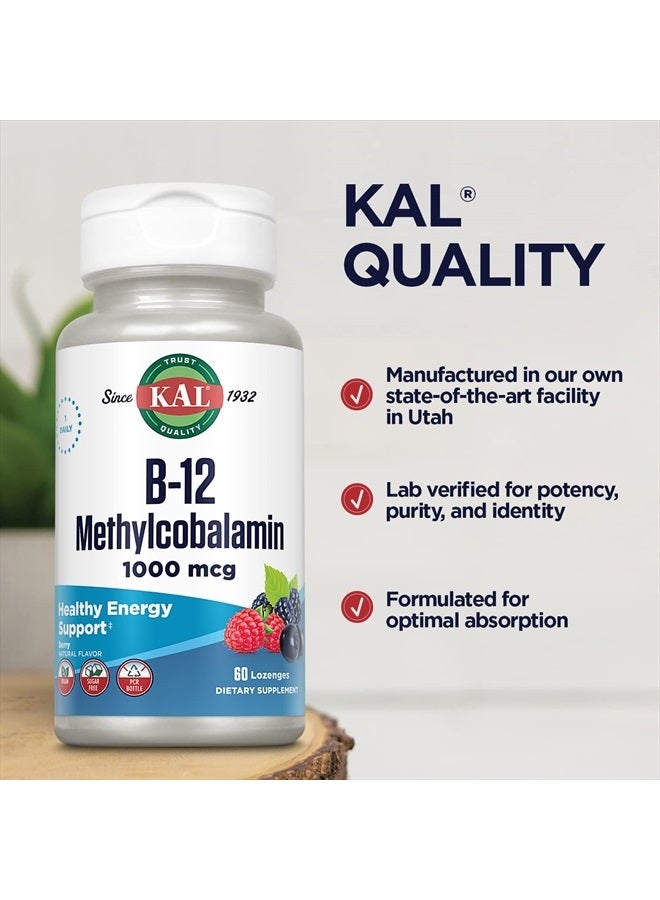KAL Vitamin B-12 Methylcobalamin Lozenges 1000mcg, Healthy Energy, Metabolism, Nerve & Red Blood Cell Support,* Optimal Absorption, Natural Berry Flavor, Vegan, Sugar Free, 60 Servings, 60 Lozenges - Image 5