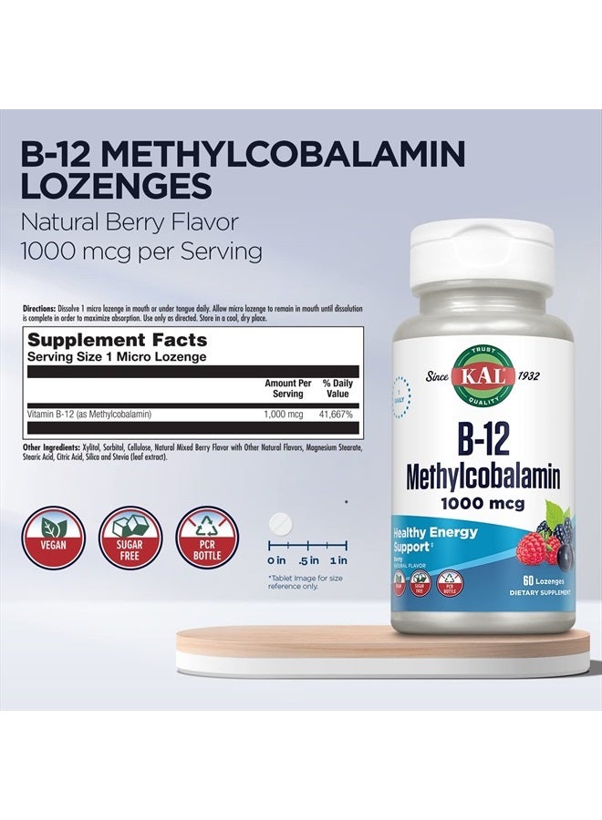 KAL Vitamin B-12 Methylcobalamin Lozenges 1000mcg, Healthy Energy, Metabolism, Nerve & Red Blood Cell Support,* Optimal Absorption, Natural Berry Flavor, Vegan, Sugar Free, 60 Servings, 60 Lozenges - Image 3