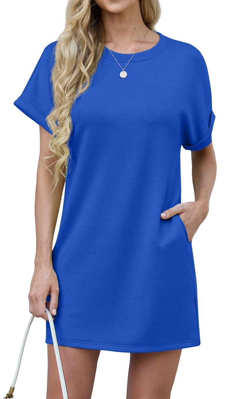 GRECERELLE Women's Summer Casual T-Shirt Dress with Pockets - Crewneck Short Sleeve Tunic Shift Dresses for Travel Work & Beach Vacation Wrinkle-Resistant Above Knee Length Royal Blue - Image 1