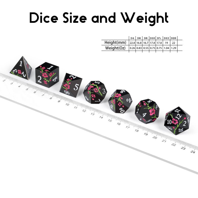 DNDND Metal Dice Set D&D, DNDND 7 PCS Flower Metallic DND Dice Set with Grogeous Gift Case for Dungeons and Dragon Tabletop Game (Matte Black with Pink Flower) - Image 5