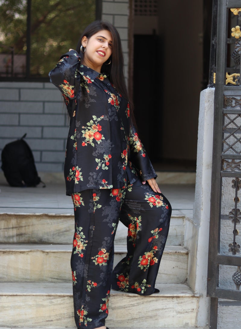 TUMMY Black Floral Satin Silk 2pc Shirt Pant Cord Set - Image 1