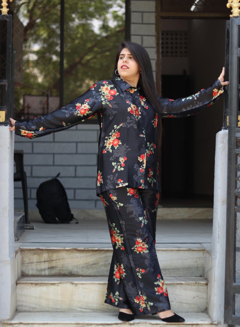 TUMMY Black Floral Satin Silk 2pc Shirt Pant Cord Set - Image 3