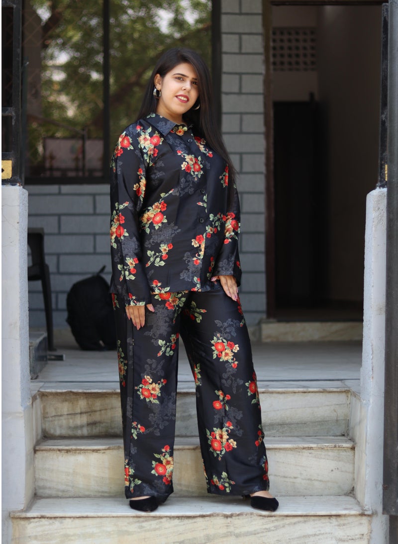 TUMMY Black Floral Satin Silk 2pc Shirt Pant Cord Set - Image 4